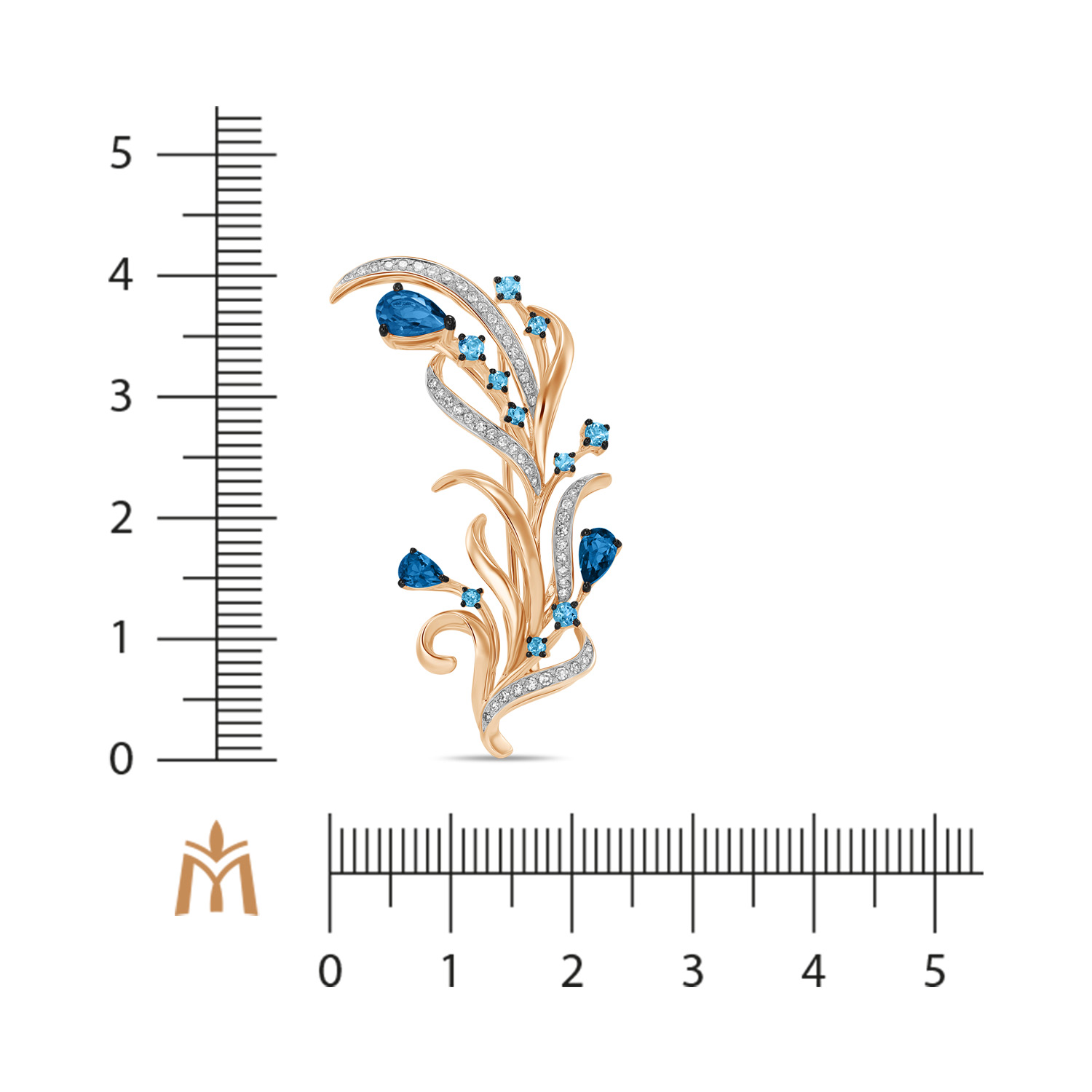 Брошь с топазами и бриллиантами Желтый, Красный, Белый, фото 2