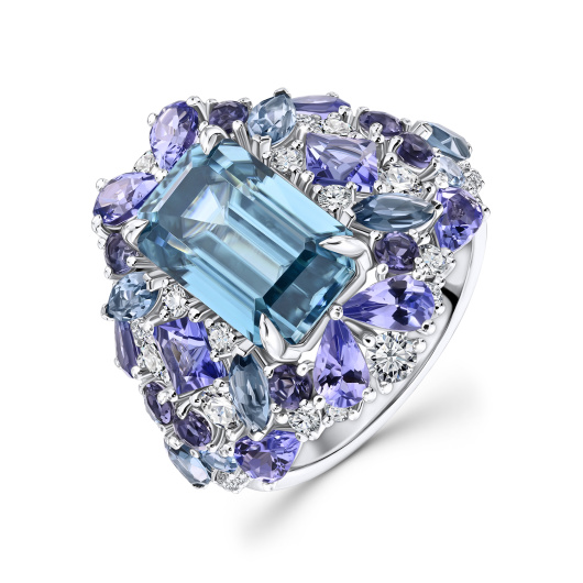Кольцо с топазами, бриллиантами, иолитами, лондон топазом, танзанитами и цирконом