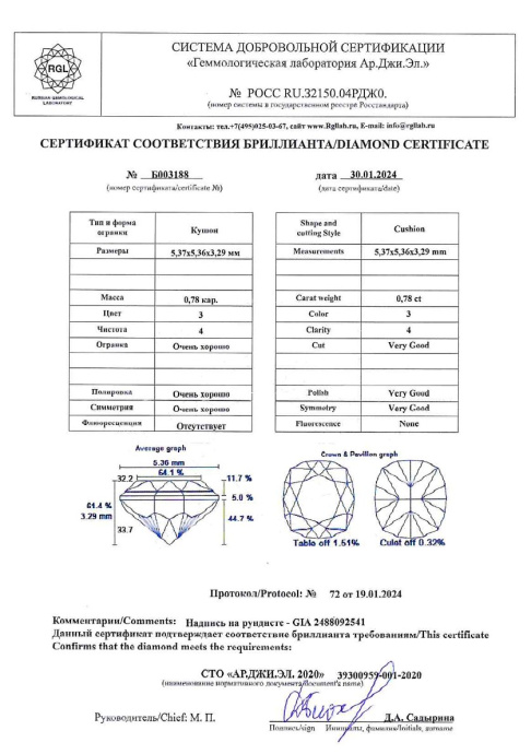Бриллиант кушон огранка 0.78 карата - фото 5