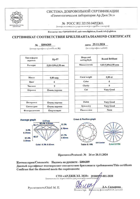 Бриллиант круглая огранка 0.8 карата - фото 4
