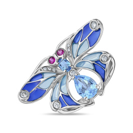 Кольцо с топазом, эмалью, бриллиантами и цветными сапфирами