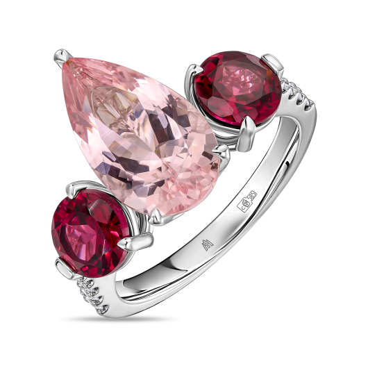 Кольцо с бриллиантами, морганитом и родолитами