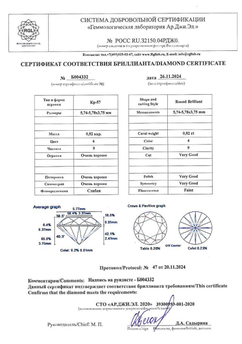 Бриллиант круглая огранка 0.82 карата - фото 4