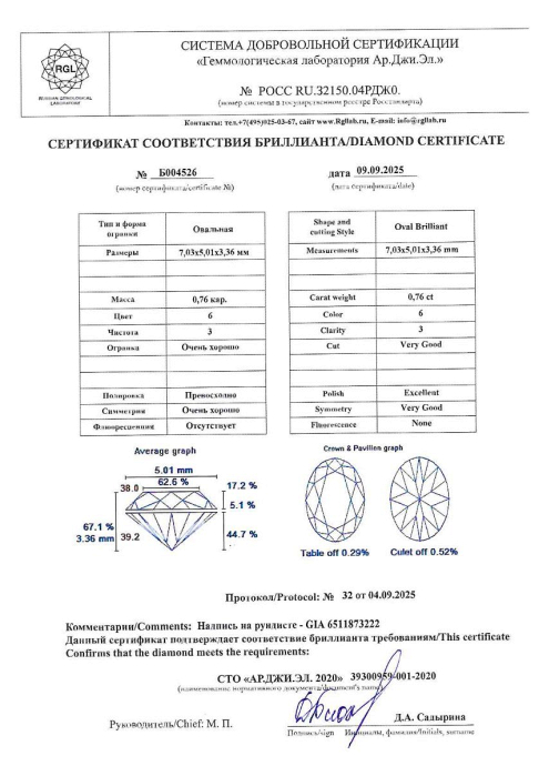 Бриллиант овал огранка 0.76 карата - фото 4