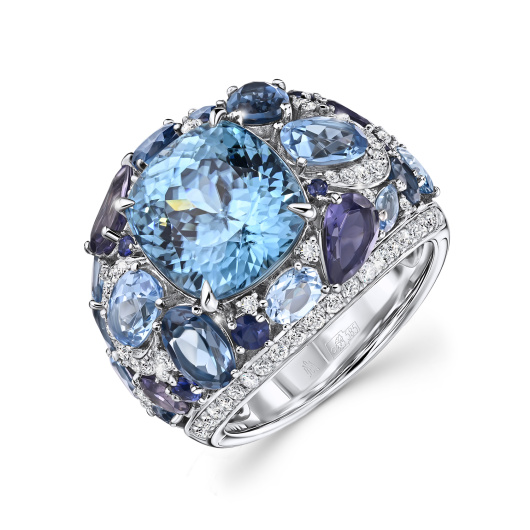 Кольцо с топазами, бриллиантами, иолитами, лондон топазом, сапфирами и цирконом