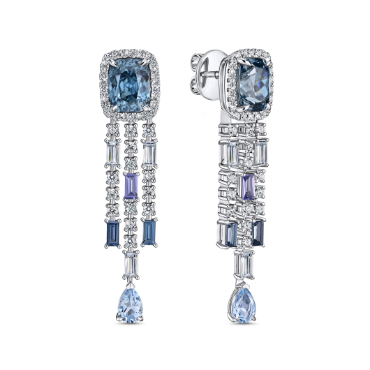Серьги с топазами, бриллиантами, лондон топазами, танзанитами и цирконами