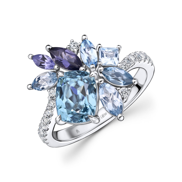 Кольцо с топазами, бриллиантами, иолитом, лондон топазом, танзанитом и цирконом - фото 1 Кольцо с топазами, бриллиантами, иолитом, лондон топазом, танзанитом и цирконом - фото 1