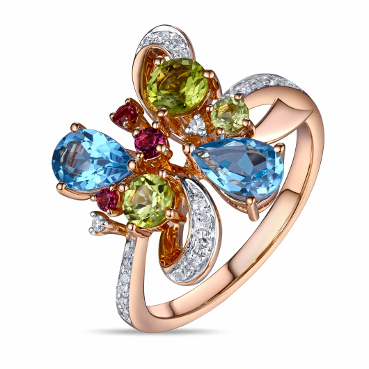 Кольцо с топазом, бриллиантами, перидотами и родолитом