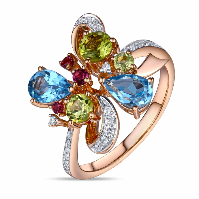 Кольцо с топазом, бриллиантами, перидотами и родолитом - фото 1 Кольцо с топазом, бриллиантами, перидотами и родолитом - фото 1