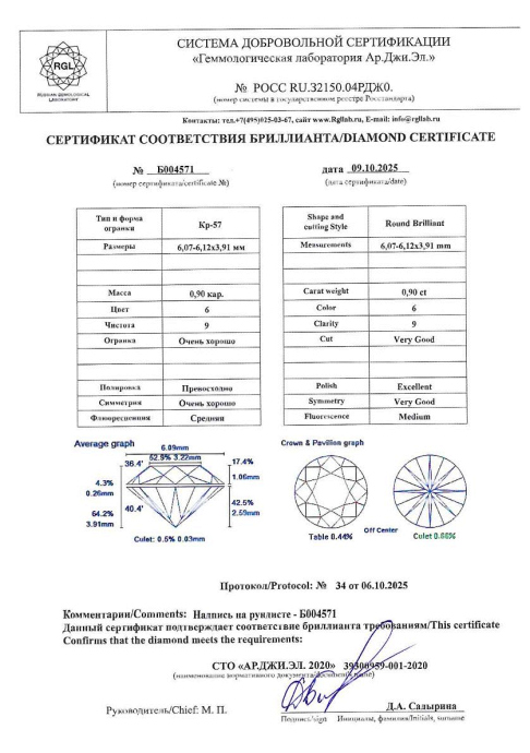 Бриллиант круглая огранка 0.9 карата - фото 4
