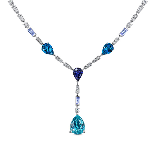 Колье с бриллиантами, иолитом, лондон топазами, танзанитами и цирконом