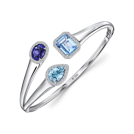 Браслет жесткий с топазом, бриллиантами, иолитом и цирконом