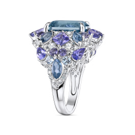 Кольцо с топазами, бриллиантами, иолитами, лондон топазом, танзанитами и цирконом