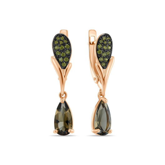 Серьги с дымчатым кварцем и фианитами