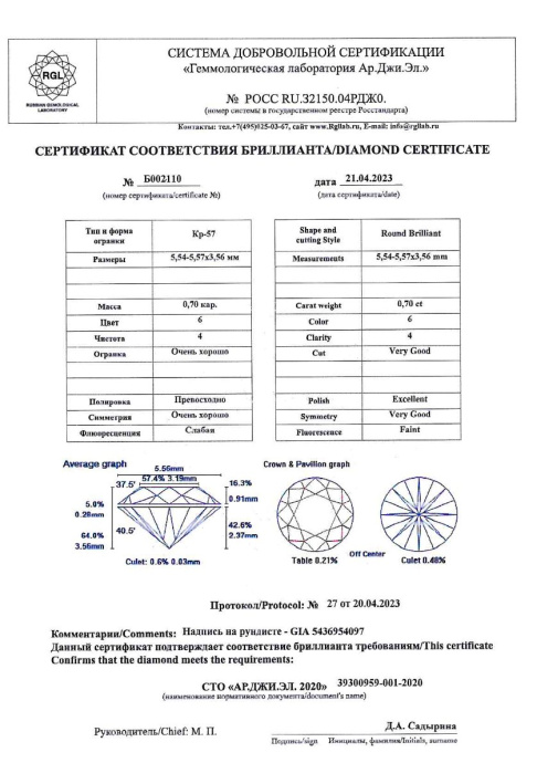 Бриллиант круглая огранка 0.7 карата - фото 5
