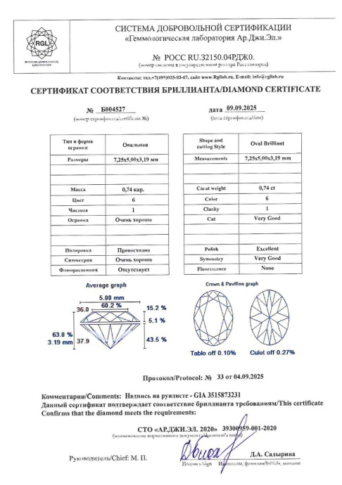 Бриллиант овал огранка 0.74 карата - фото 4