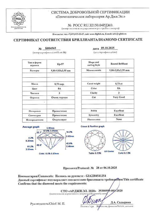 Бриллиант круглая огранка 0.73 карата - фото 4