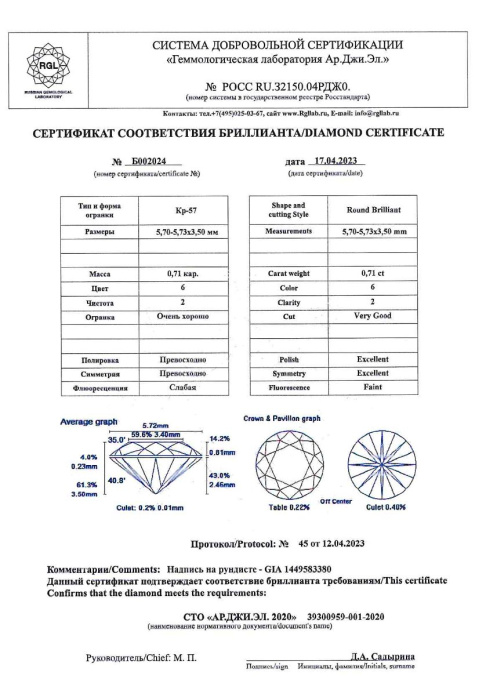 Бриллиант круглая огранка 0.71 карата - фото 5