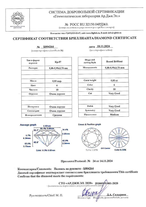 Бриллиант круглая огранка 0.83 карата - фото 4
