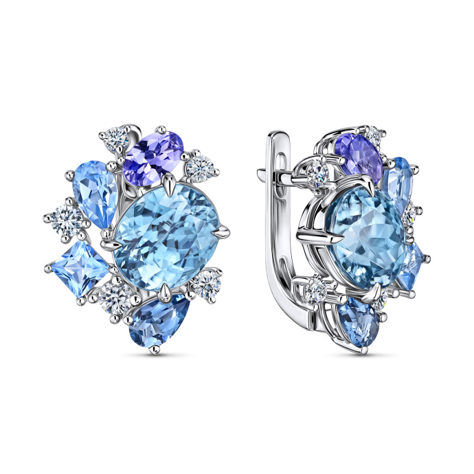 Серьги с топазами, бриллиантами, лондон топазом, танзанитами и цирконами - фото 1