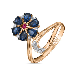 Кольцо с бриллиантами, рубином и сапфирами