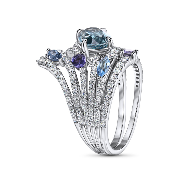 Кольцо с топазами, бриллиантами, иолитами, лондон топазом и цирконом - фото 2