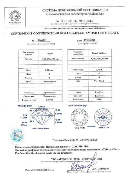Бриллиант круглая огранка 0.71 карата - фото 4