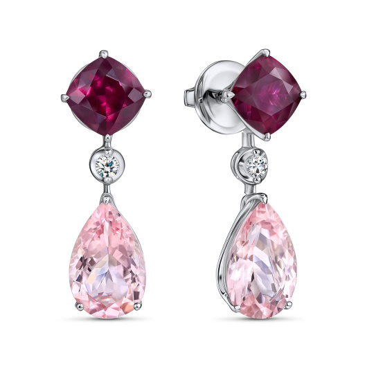 Серьги с бриллиантами, морганитами и родолитами