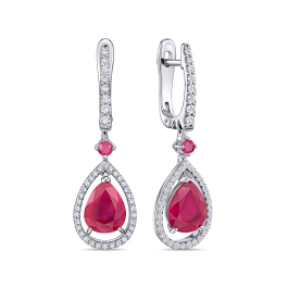 Серьги с бриллиантами, облагороженным рубином и рубинами