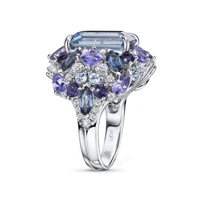 Кольцо с топазами, бриллиантами, иолитами, лондон топазом, танзанитами и цирконом - фото 2