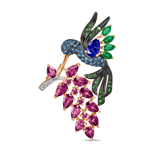 Брошь с агатом, родолитами, сапфиром и фианитами