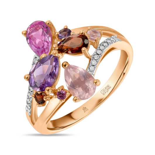 Кольцо с аметистами, бриллиантами, гранатами, кварцем и сапфиром