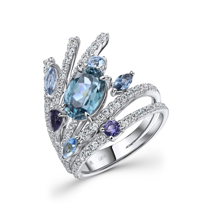 Кольцо с топазами, бриллиантами, иолитами, лондон топазом и цирконом - фото 1