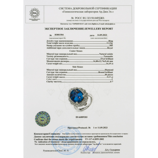 Кольцо с бриллиантами и танзанитом