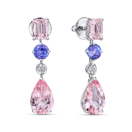 Серьги с бриллиантами, морганитами и танзанитами