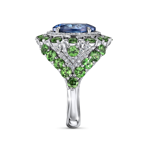 Кольцо с бриллиантами, лондон топазом и цаворитами