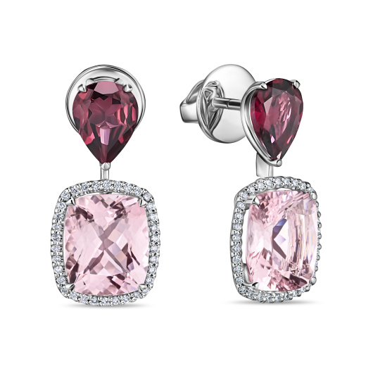 Серьги с бриллиантами, морганитами и родолитами