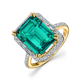 Кольцо с бриллиантом и гидротермальными изумрудами