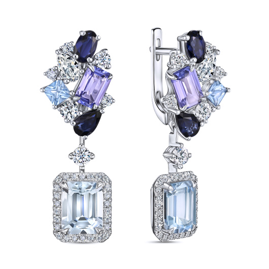 Серьги с аквамаринами, топазами, бриллиантами, сапфирами и танзанитами