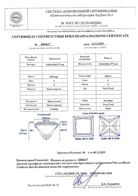 Бриллиант принцесса огранка 0.8 карата - фото 4