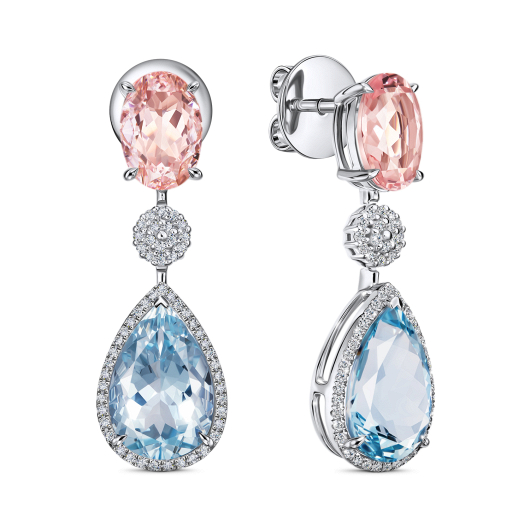 Серьги с аквамаринами, бриллиантами и морганитами