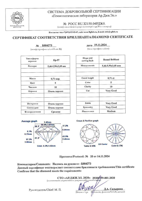 Бриллиант круглая огранка 0.71 карата - фото 4
