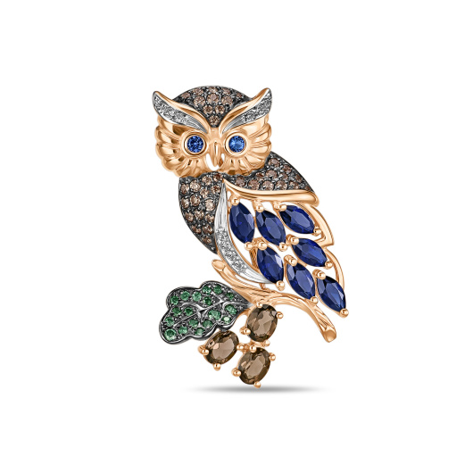 Брошь с дымчатым кварцем, сапфиром и фианитами