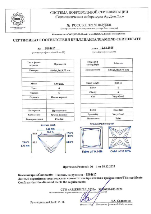 Бриллиант принцесса огранка 0.8 карата - фото 4