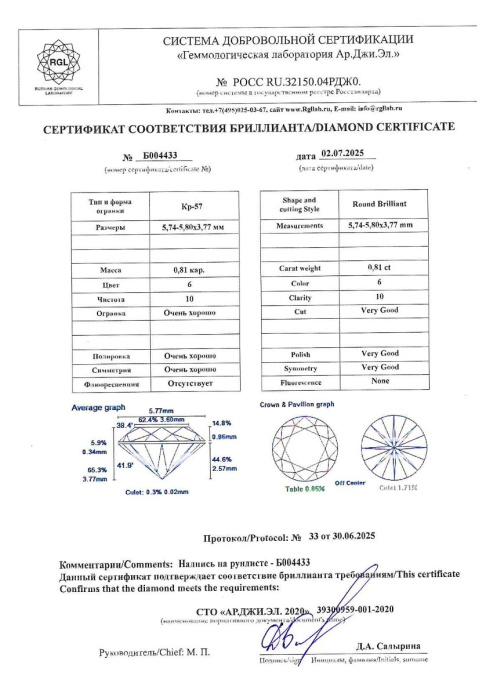 Бриллиант круглая огранка 0.81 карата - фото 4