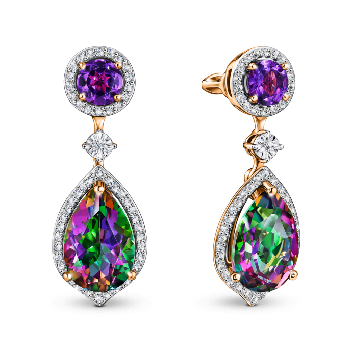 Серьги с бриллиантами, аметистами и кварцем - фото 1