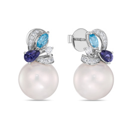 Серьги с топазами, бриллиантами, иолитами и жемчугом