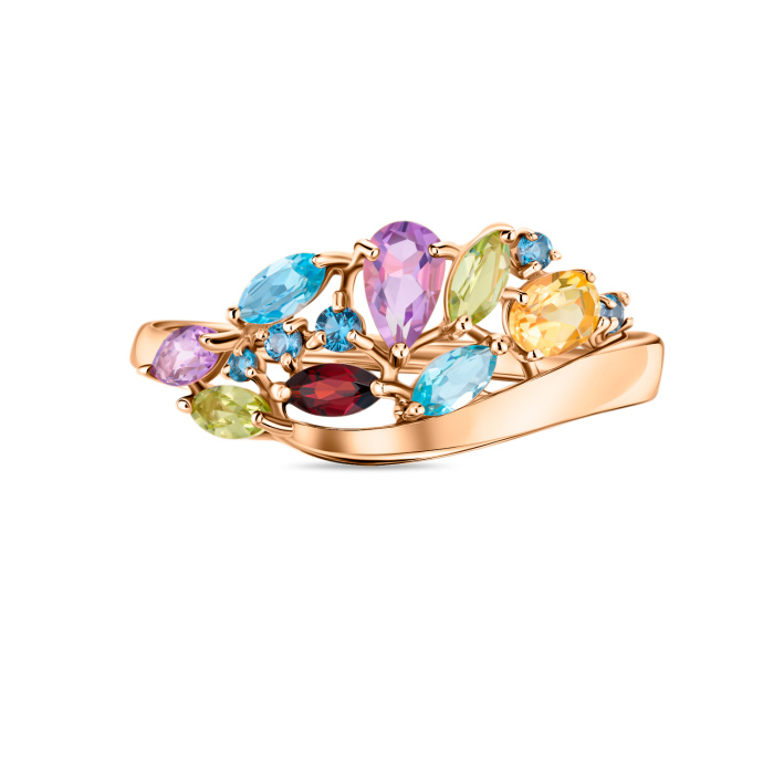 Кольцо с аметистами, топазами, цитрином, гранатом, хризолитами, лондон топазом и фианитами - фото 3