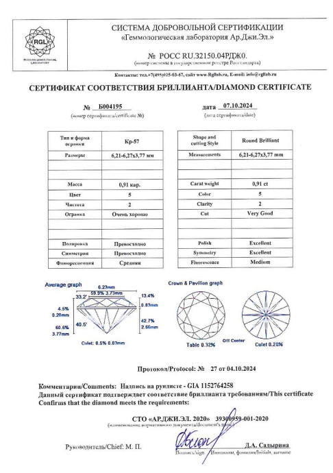 Бриллиант круглая огранка 0.91 карата - фото 5