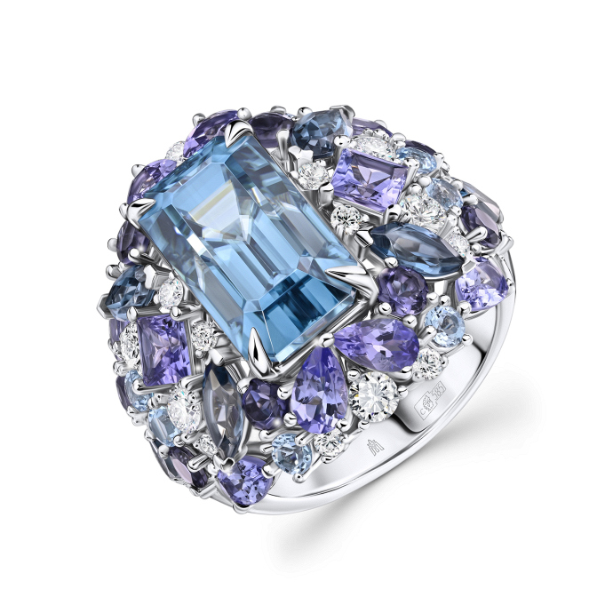 Кольцо с топазами, бриллиантами, иолитами, лондон топазом, танзанитами и цирконом - фото 1